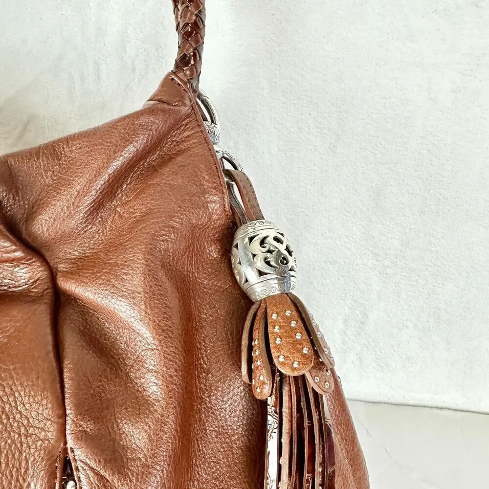 Brighton Femme Fatal Gretta Garbo Studded Shoulder Bag Hobo Brown Tassel Leather